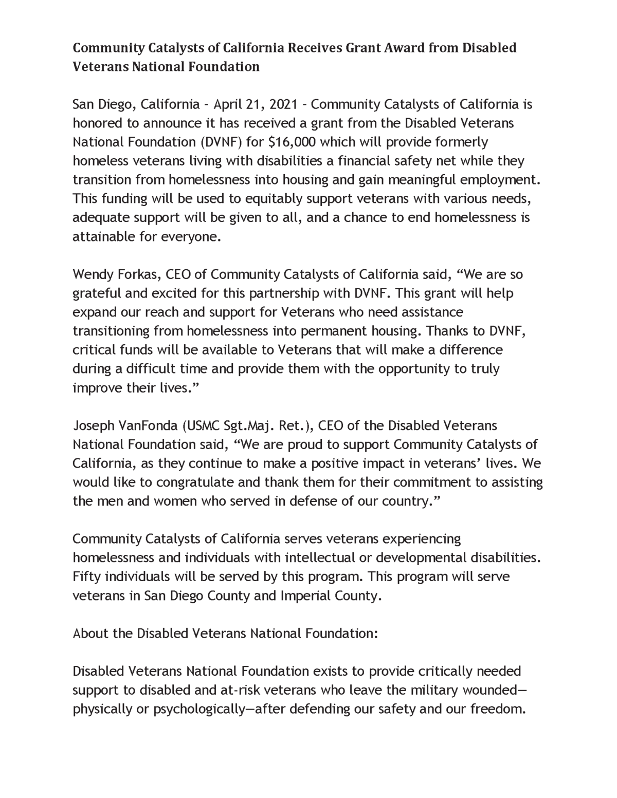 Community Catalysts of California Receives Grant Award from Disabled Veterans National Foundation